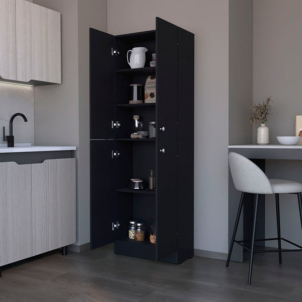 English Elm Pantry Cabinet Coahoma Black – Engineered Wood Kitchen Storage with Four Doors, Ample Shelves, Durable Design B092P191182