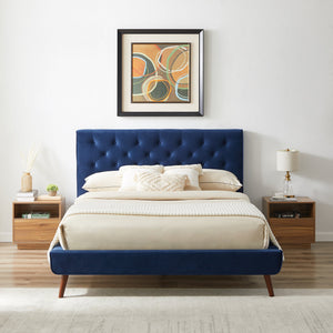 English Elm Ashcroft Furniture - Dillon Elegant Blue Velvet Platform Bed - Mid-Century Modern Design With No-Box-Spring Required B183S00080