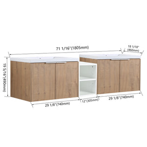 English Elm 72 Inch Wall Mounted Vanity with Resin Sink, Soft-Close Doors, Ample Storage Shelves, Durable Eco Plywood Finish Imitative Oak W999S00188