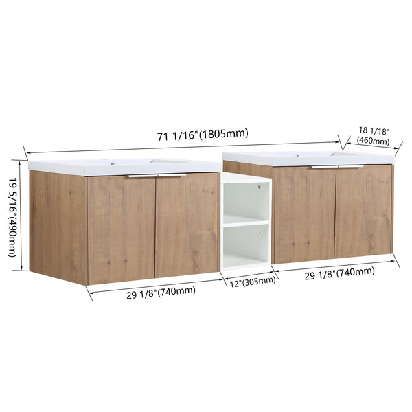 English Elm 72 Inch Wall Mounted Vanity with Resin Sink, Soft-Close Doors, Ample Storage Shelves, Durable Eco Plywood Finish Imitative Oak W999S00188