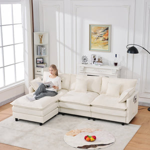 English Elm 101.9-inch Chenille Modular Sofa with Movable Footstool for Living Room Comfort Beige W288S00031