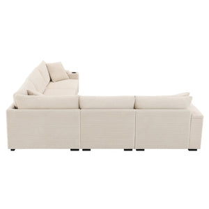 English Elm 104" Corduroy L-shaped Sectional with Usb Charging Armrest Storage and Cup Holders Beige N723S1187A
