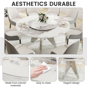 English Elm 59.05" Round Marble Dining Table - Elegant Silver Base, Durable White Sintered Stone, Seats 6-8 W1535S00464