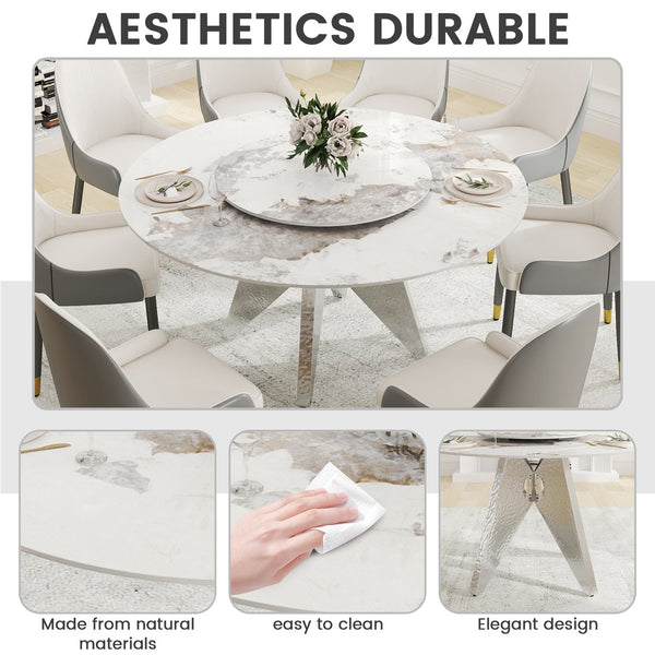 English Elm 59.05" Round Marble Dining Table - Elegant Silver Base, Durable White Sintered Stone, Seats 6-8 W1535S00464