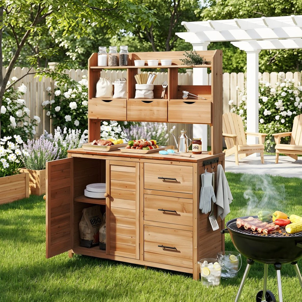English Elm (with Hutch) Topamx Solid Fir Potting Bench Patio Workstation Spice Rack Drawer Natural Wood N717P404331A