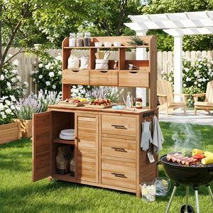 English Elm (with Hutch) Topamx Solid Fir Potting Bench Patio Workstation Spice Rack Drawer Natural Wood N717P404331A
