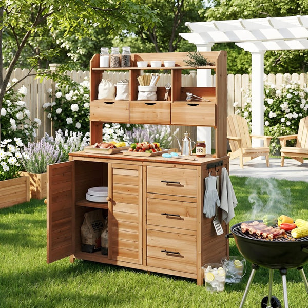 English Elm (with Hutch) Topamx Solid Fir Potting Bench Patio Workstation Spice Rack Drawer Natural Wood N717P404331A
