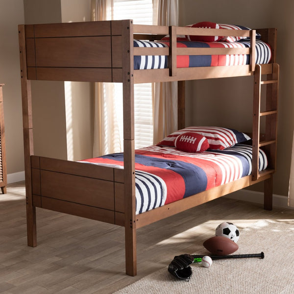 Baxton Studio Baxton Studio Elsie Twin Bunk Bed - Stylish Walnut Brown Wood, Space-Saving Design for Modern Rooms MG0051-Walnut-Twin Bunk Bed