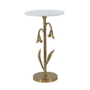 English Elm 14x14x24" Gold Tulip Aluminum Side Table with Veined White Marble Top for Elegant Rooms W2078P461590