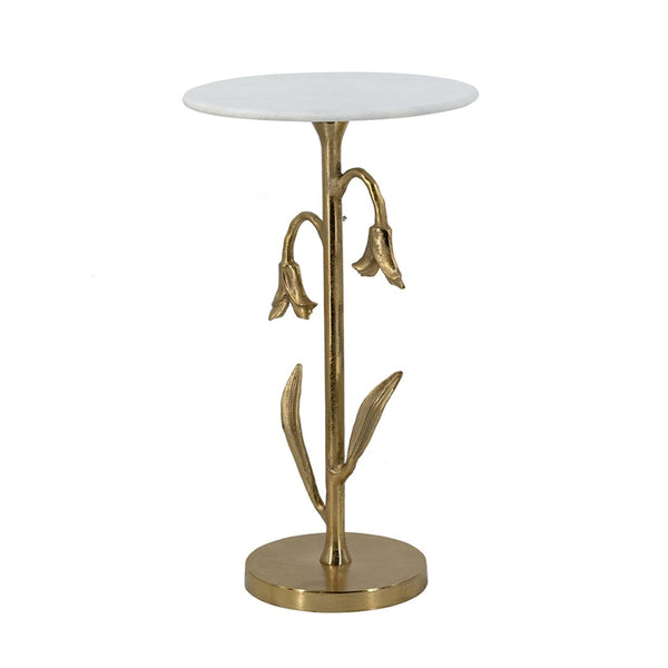English Elm 14x14x24" Gold Tulip Aluminum Side Table with Veined White Marble Top for Elegant Rooms W2078P461590