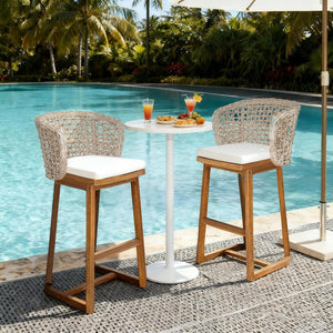 English Elm Outdoor Acacia Teak Bar Stools Set of 2 Wicker Back with Cushioned Patio Seating N773P306707B