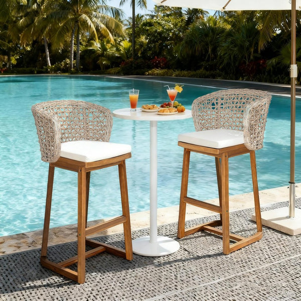 English Elm Outdoor Acacia Teak Bar Stools Set of 2 Wicker Back with Cushioned Patio Seating N773P306707B