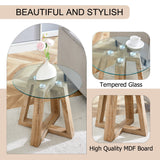 English Elm Modern and Practical Round Table. Made Of Clear Tempered Glass Top and Wood-Coloured Mdf Material. Suitable For Living Rooms and Bedrooms.