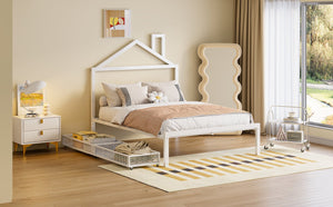 English Elm Full Metal Platform Bed with House-Style Headboard, Two Smooth Storage Drawers, Sturdy 350lb Capacity White MF320571AAK