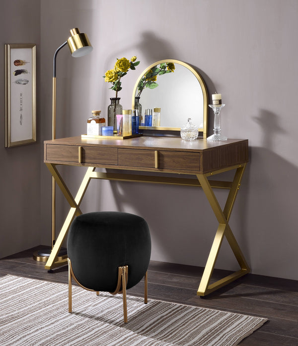 English Elm Coleen Elegant Walnut Vanity Desk with Mirror, Metal Frame, 2 Drawers & Jewelry Tray for Glam Makeup Gold,Walnut 48.8 L x 23.25 W x 9.8 H B2726P315741