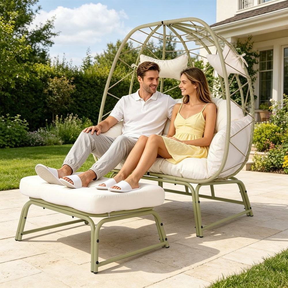 English Elm Double Outdoor Egg Chair with Ottoman Hand Woven Pe Rattan Two Person Patio Lounge T5880P501481