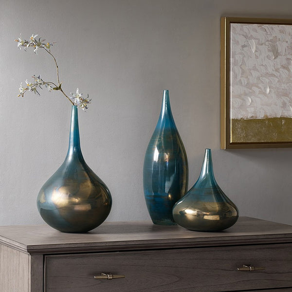 JLA Home Madison Park Signature - Blue Handcrafted Teal-Blue & Bronze Glass Vases Set of 3 — High-Gloss Sculptural Accents for Home Decor MPS162-248