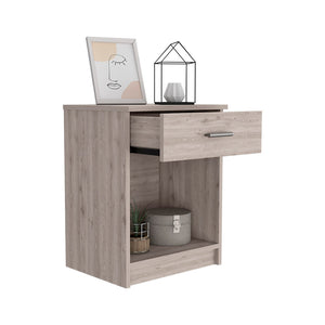English Elm Eco Nightstand with Spacious Drawer and Open Shelf, Compact 21.7" Height Durable Laminated Finish Gray 25.6 L x 18.9 W x 5.5 H B20091852