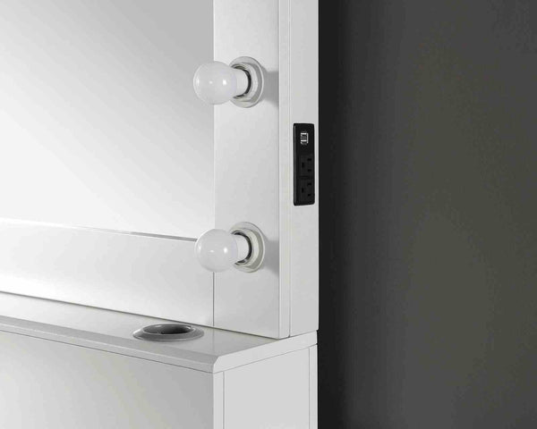 English Elm Glam Elegant Vanity Set with LED Mirror, Plush Stool, Ample Storage, Felt-Lined Drawers, Chic Finish White 68 L x 22 W x 11 H B2741S00686