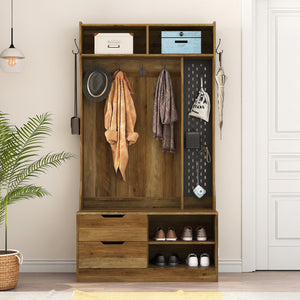English Elm Hall Tree Entryway Organizer with 6 Hooks, Storage Bench & Open Shelves for Shoes and Coats Brown 58.46 L x 21.85 W x 6.5 H W1321P190219