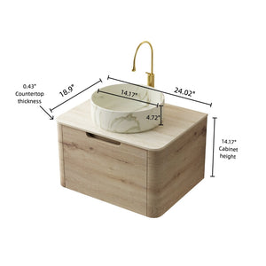 English Elm Xai 24" Floating Bathroom Vanity With Ceramic Vessel Sink, Travertine-Pattern Top & Soft-Close Drawer W2615S00272-GIGA