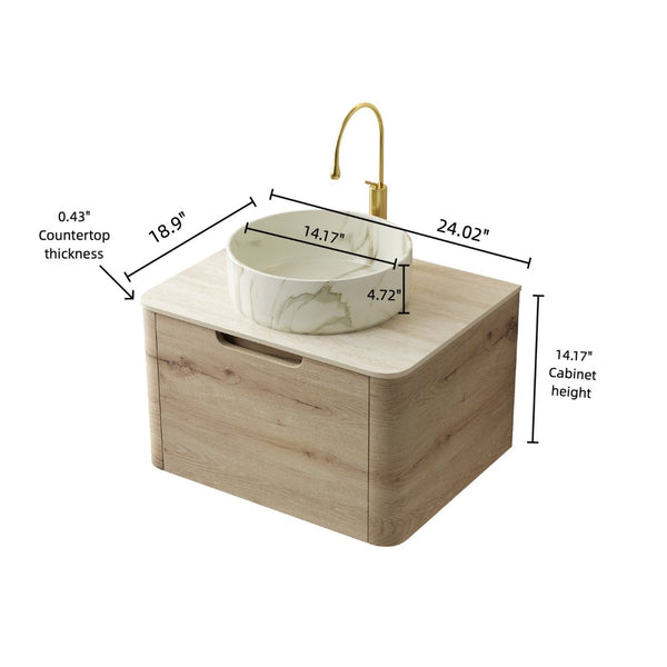 English Elm Xai 24" Floating Bathroom Vanity With Ceramic Vessel Sink, Travertine-Pattern Top & Soft-Close Drawer W2615S00272-GIGA