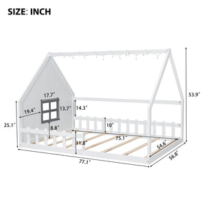 English Elm Full House Bed Frame with Window & Fence Playhouse Design, Sturdy Pine/MDF, Safe 400lb Capacity White N709P215545K