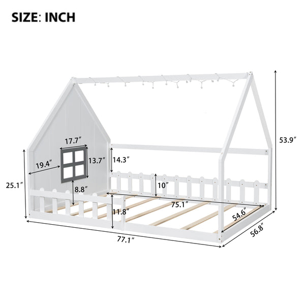 English Elm Full House Bed Frame with Window & Fence Playhouse Design, Sturdy Pine/MDF, Safe 400lb Capacity White N709P215545K