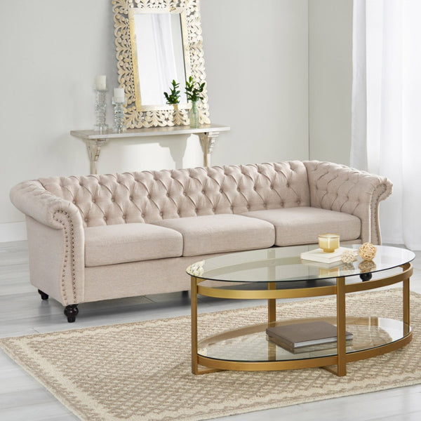 English Elm Sofa Chesterfield Three Seat Tufted Scrolled Arm Nailhead Living Room Formal Piece 68014.00FBGE