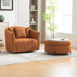 English Elm 39"w Swivel Barrel Club Chair with Channel Tufted Chenille and Round Storage Ottoman Set Orange W3118S00048