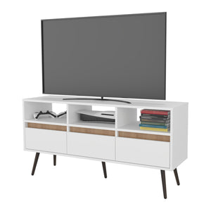 English Elm Picacho Modern TV Stand White & Natural Oak — 3 Drawers, 3 Shelves, Conical Legs, Durable Melamine Finish B128P263732