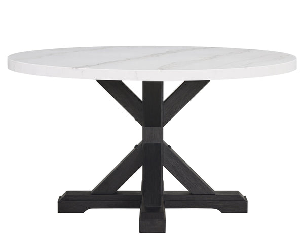 English Elm 1pc Round Faux Marble Dining Table 54" Glossy Top on Black Tapered Legs Modern Centerpiece White 34 L x 34 W x 14 H B011S00988