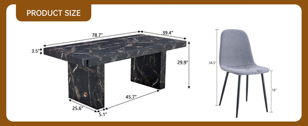 English Elm Table and Chair Set Seats Eight with Marble Pattern Mdf Top Brown Fabric Dining W1151S04134