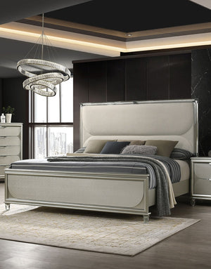 English Elm Glamorous Luxury Fabric Upholstered Queen Bed with LED Headboard, Embossed Panels & 2 Nightstands Set Silver 33 L x 21 W x 28 H B2741S00359