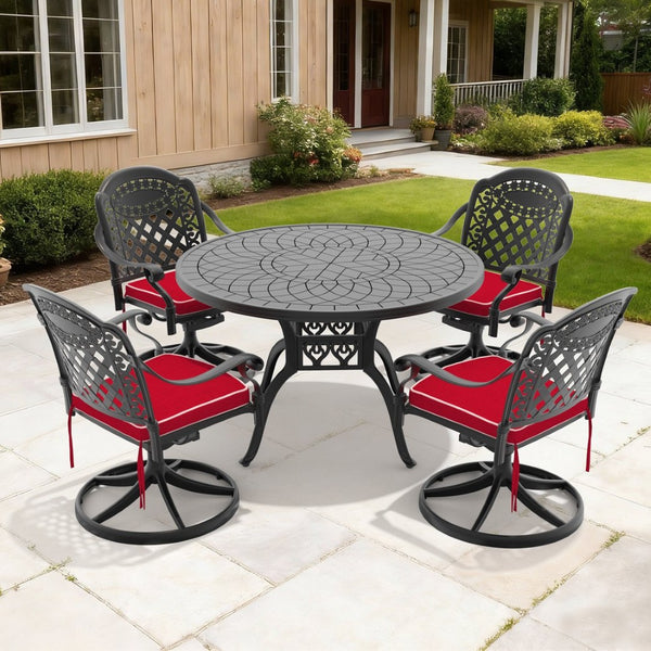 English Elm 5-piece Cast Aluminum Outdoor Dining Set with Ornate Swivel Chairs and Round Patio Table W1710S00309