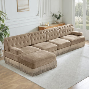 English Elm 135" Chesterfield Velvet Sectional with Tufted Back Tassel Skirt and Modular Living Room Design Camel W714S01700