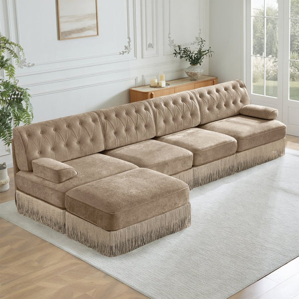 English Elm 135" Chesterfield Velvet Sectional with Tufted Back Tassel Skirt and Modular Living Room Design Camel W714S01700