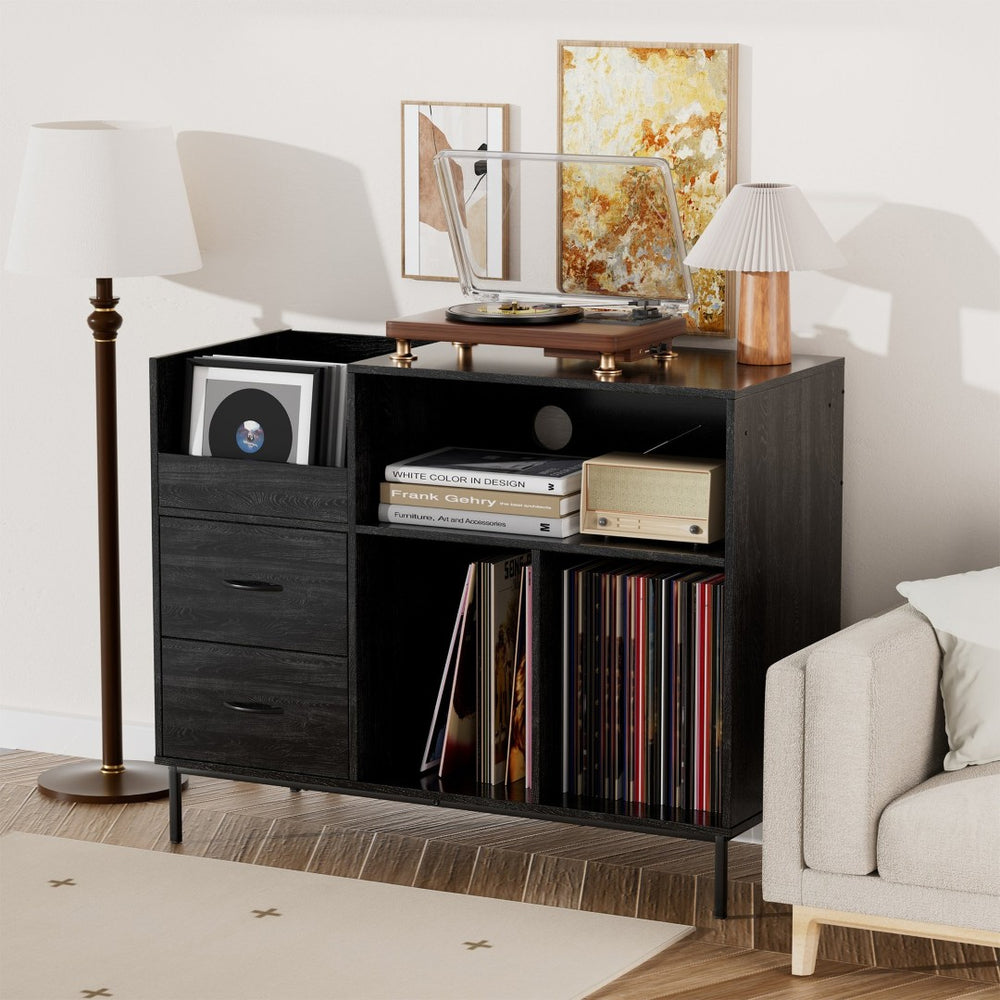 English Elm Record Player Stand with Vinyl Storage Mid-century Wood Console for Living Room T2398P438827