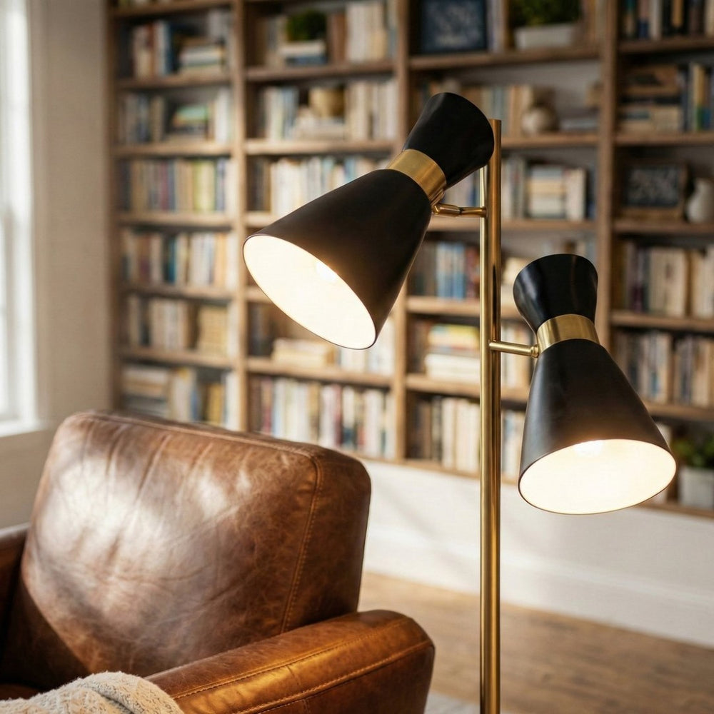 English Elm Axis Brassed Gold Dual Spot Floor Lamp with 4 Way Switch for Modern Living Rooms B183P231756