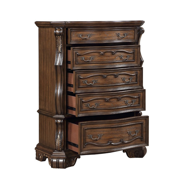 English Elm Formal Burl Veneer Tall Chest with Five Drawers Gold Hardware Dark Brown Bedroom B011P458602
