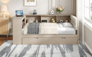 English Elm Wood Twin Platform Bed Linen Headboard Storage Shelves Trundle Charging Station Cream N709P004023C