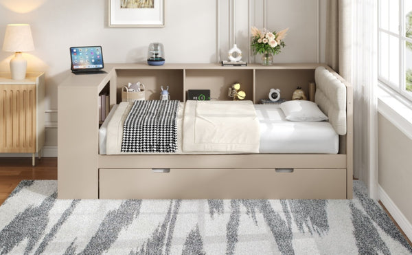 English Elm Wood Twin Platform Bed Linen Headboard Storage Shelves Trundle Charging Station Cream N709P004023C