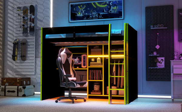 English Elm Full Size Loft Bed with Rgb Lighting Desk Open Wardrobe and Storage for Gaming Rooms Green LT000277AAG