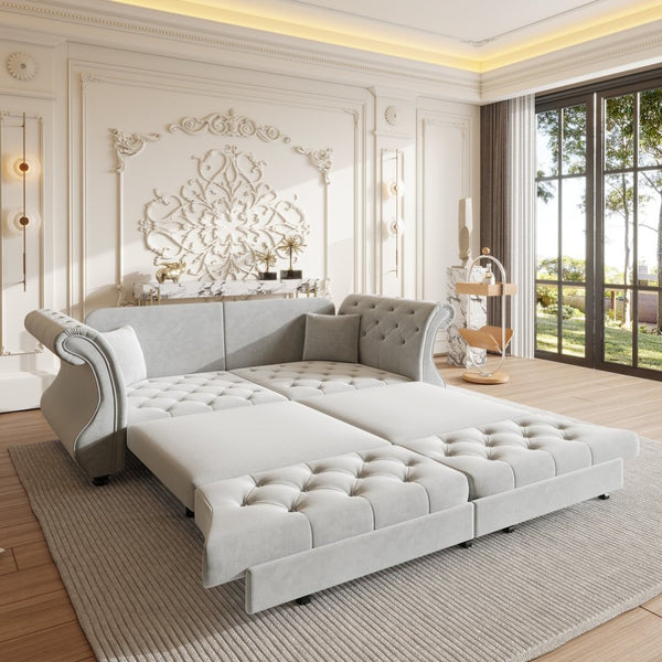 English Elm 83.8" Chesterfield Sleeper Sofa Velvet Upholstered with Flower Tufting for Living Room Light Grey W1885S00401