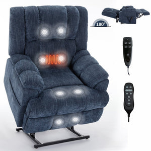 English Elm Dual Motor Power Lift Recliner Chenille Chair with Massage Heat and Infinite Positions Blue W3224P288489