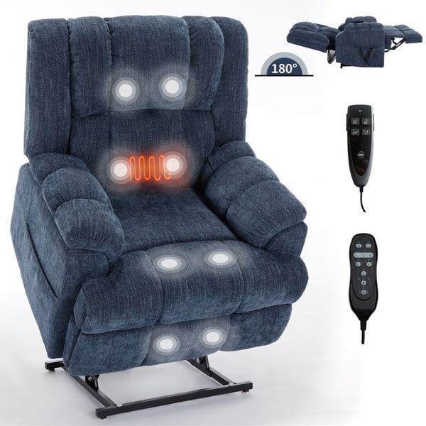 English Elm Dual Motor Power Lift Recliner Chenille Chair with Massage Heat and Infinite Positions Blue W3224P288489