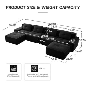 English Elm 153" Luxurious U-Shaped Modular Sectional Sofa With Deep Seating, No Assembly, Anti-Slip Design, Black W714S01482