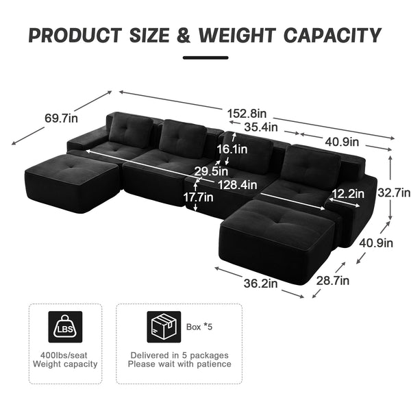 English Elm 153" Luxurious U-Shaped Modular Sectional Sofa With Deep Seating, No Assembly, Anti-Slip Design, Black W714S01482