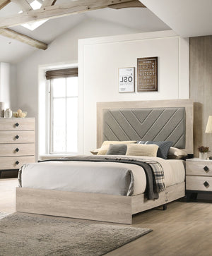 English Elm Contemporary Eastern King Size Bed With Cream Finish & Stylish Gray V-Design Headboard - Durable Rubberwood B011P236819