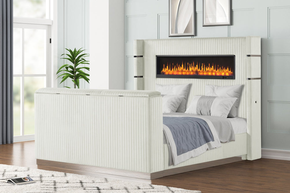 English Elm Lavish King Size Upholstered Bed with LED Fireplace Headboard & Footboard TV Stand for 50" TVs B009S01866